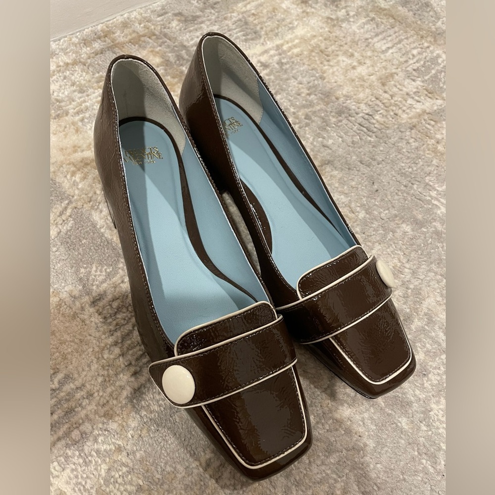 FRANCES VALENTINE Mackie Pump - Chocolate/Oyster Leather Size 8.5B New MSRP $598 - Picture 2 of 11